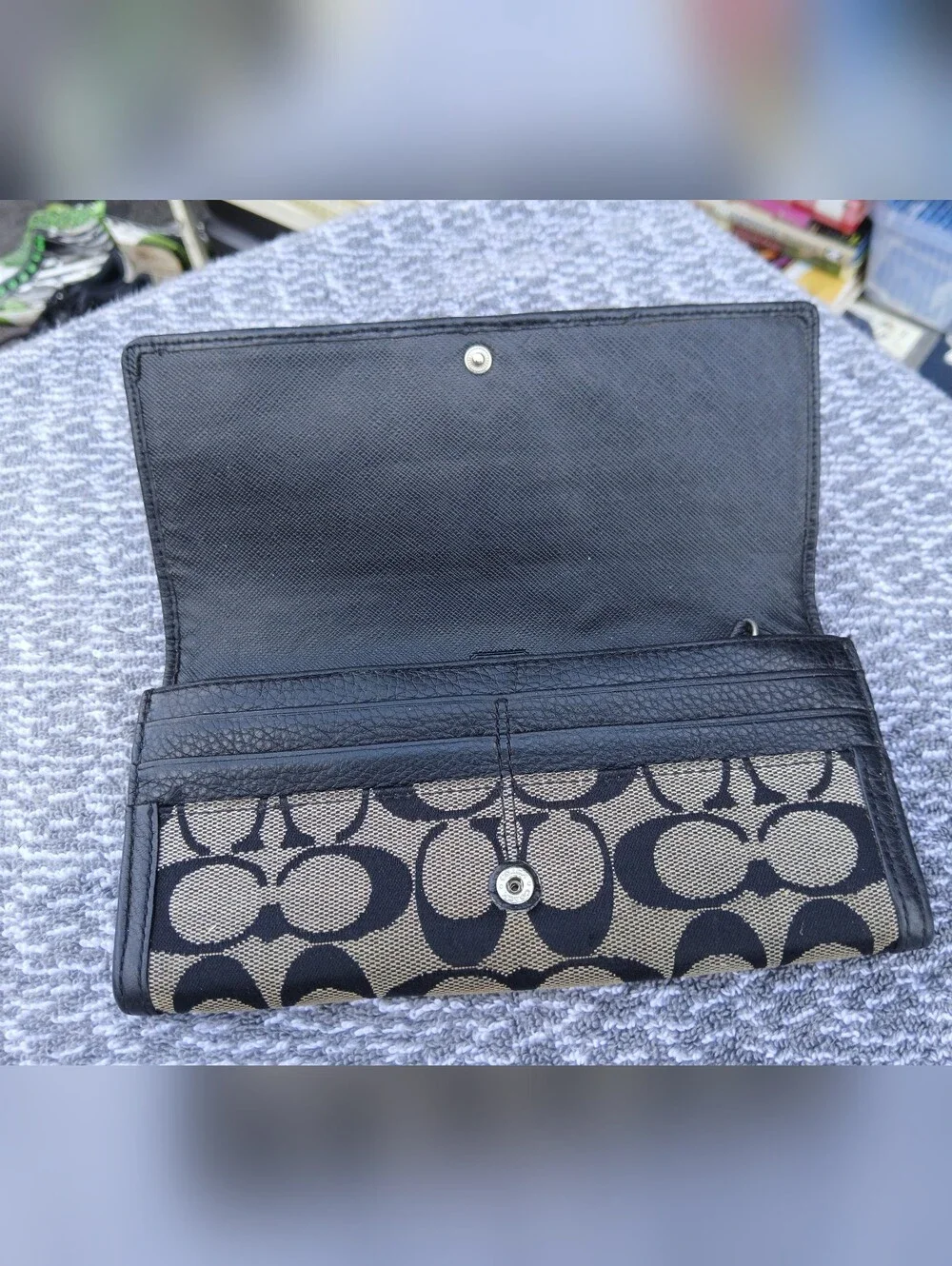 COACH Classic Signature Jacquard & Leather Long Flap Trifold Wallet